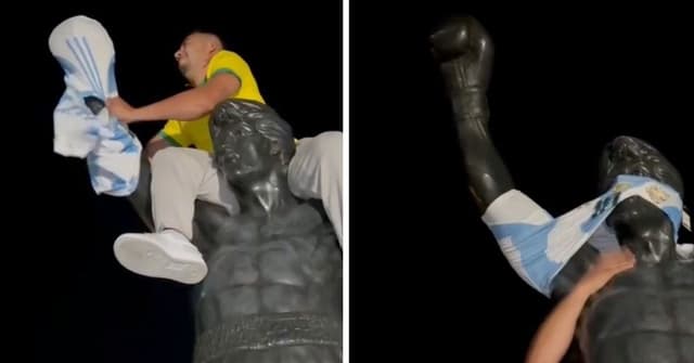 خطة برازيلية ساخرة لإيقاف ميسي.. قميص الأرجنتين على تمثال روكي